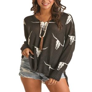 ROCK & ROLL DENIM Longhorn Black & White Mesh High Low Sweater NWT / Size Large